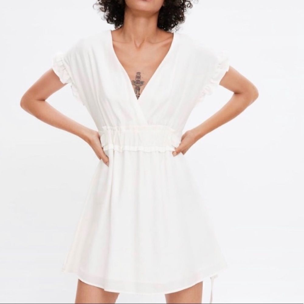 ZARA WHITE DRESS WITH BOWS MINI RUFFLED STRETCH WAIST SIZE S